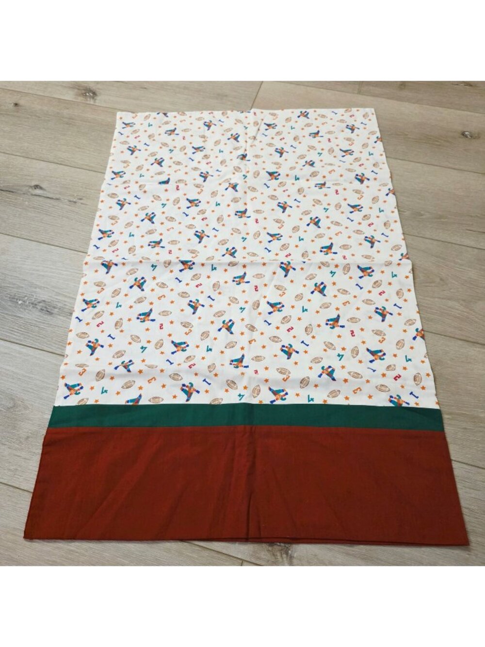Hand Made Kids Pillowcase Sports Themed Football Players Print Brown Green
